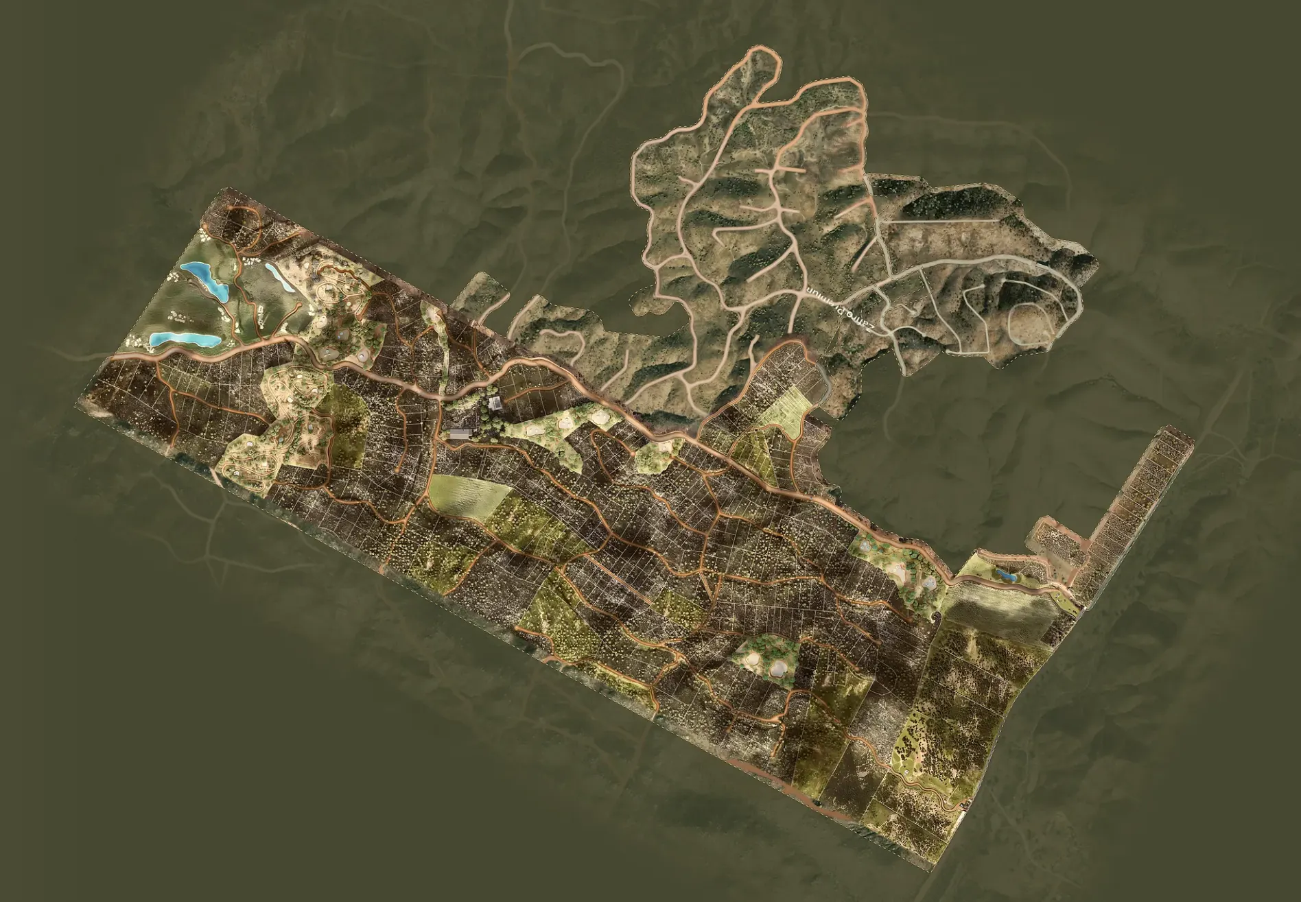 Encanto del Valle and Rancho Zafiro seen from above, north at the top: every lot drawn and coloured by availability, with the lake, the golf course and the amenities marked
