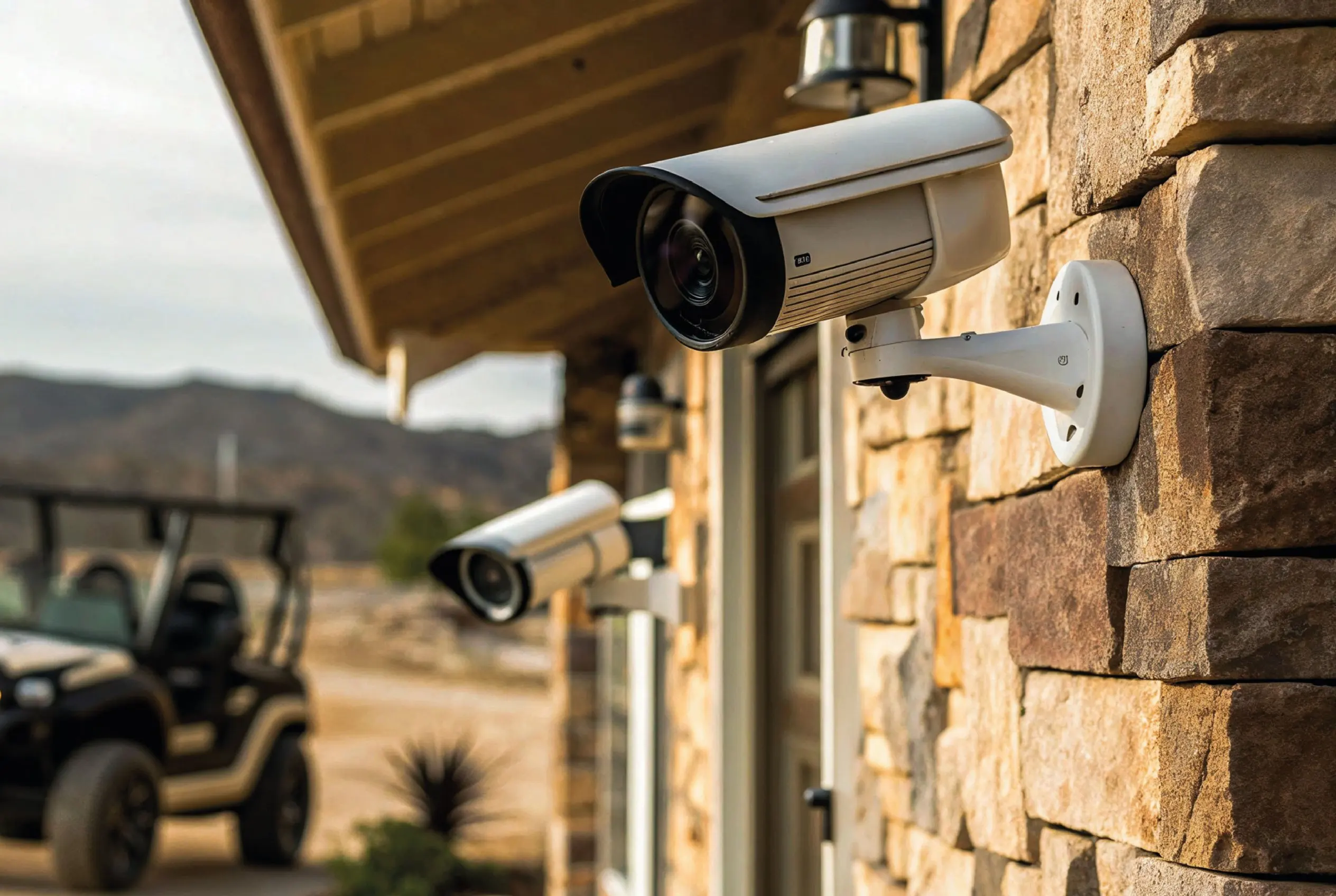 Two security cameras on the gatehouse's stone wall